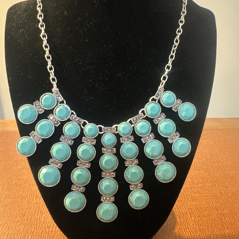 Vtg Crown Trifari Silver & Faux Turquoiseā Statement Necklace Signed Adjustable